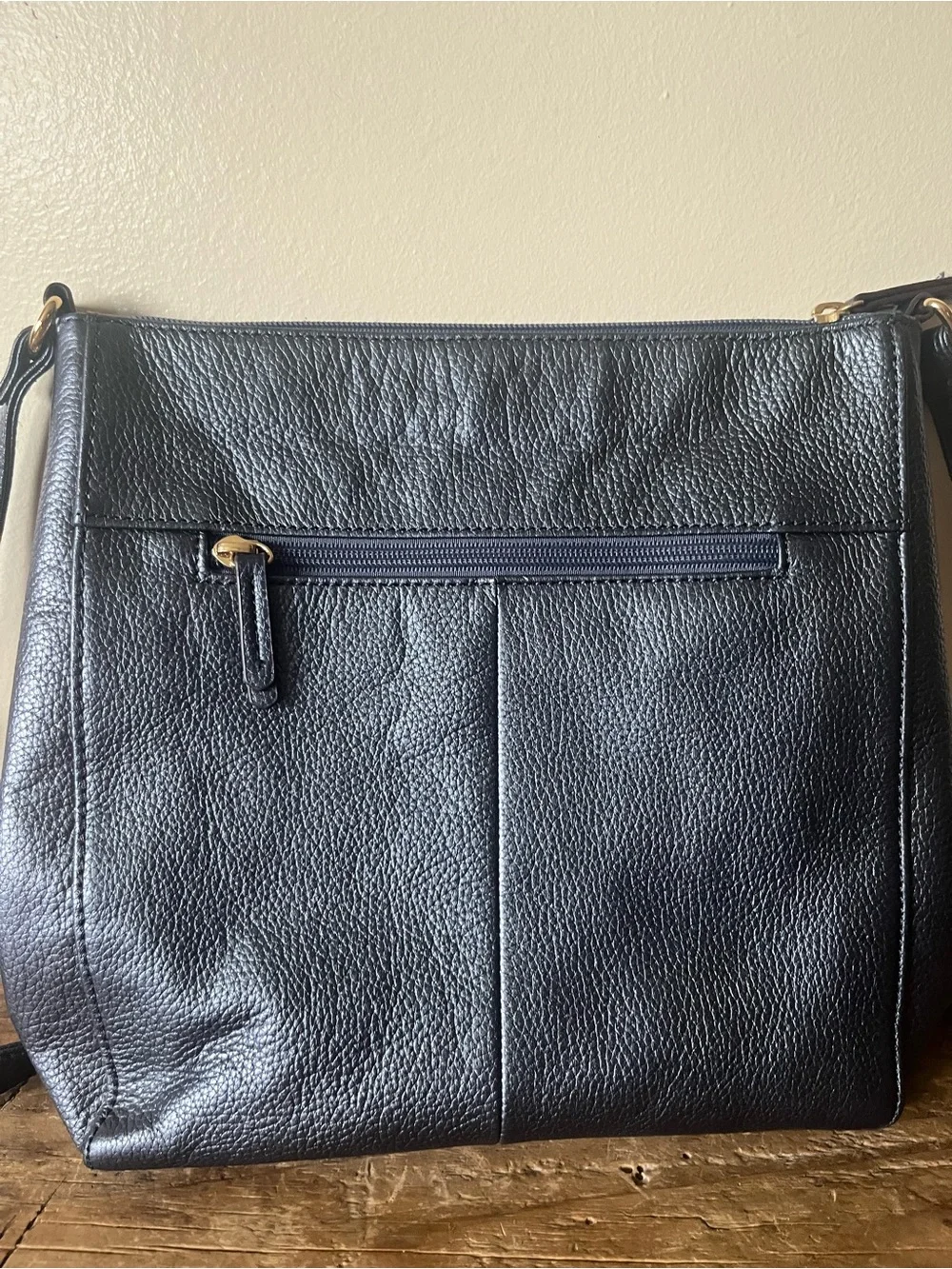 Tignanello Leather Metallic Dark Blue Crossbody with Gold Accents
